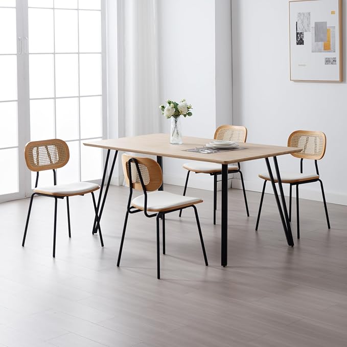 HEAH-YO Dining Chairs Set of 4, Upholstered Faux Leather Rattan Dining Chairs with Backrest and Metal Legs, Armless Kitchen Rattan Chairs for Dining Room, White