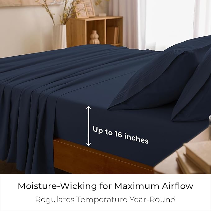 Mellanni Split King Sheet Set - 7-Piece Iconic Collection Bedding, (Including 4 Pillowcases), 16-Inch Deep Pocket, Easy Care, Extra Soft, Cooling Sheets, Brushed Microfiber - Navy Blue