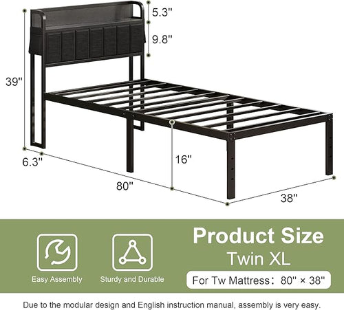 16 Inch Twin XL Bed Frames with Storage Headboard, Modern Design Metal XL Twin Bed Frame No Box Spring Needed, Easy Assembly, Black