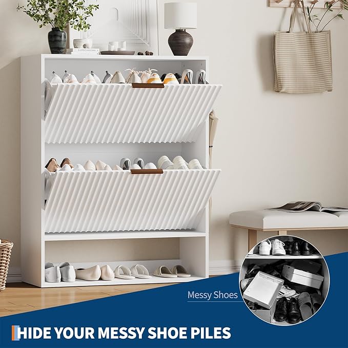 Garvee Fluted Shoe Storage Cabinet, Slim Hidden Shoe Rack Cabinet with 2 Flip Drawers & Bottom Open Shelf, Freestanding Entryway Organizer, Perfect for Closet, Hallway, Foyer, White