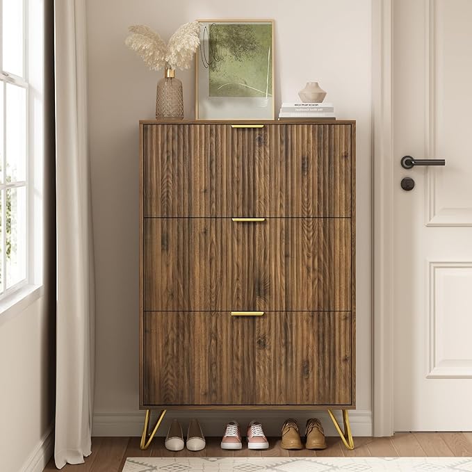 Shoe Cabinet with 3 Flip Drawer, Mid Century Shoe Cabinet Storage for Entryway Slim, Hidden Shoe Storage Cabinet, Freestanding Shoes Rack Organizer for Entryway, Walnut