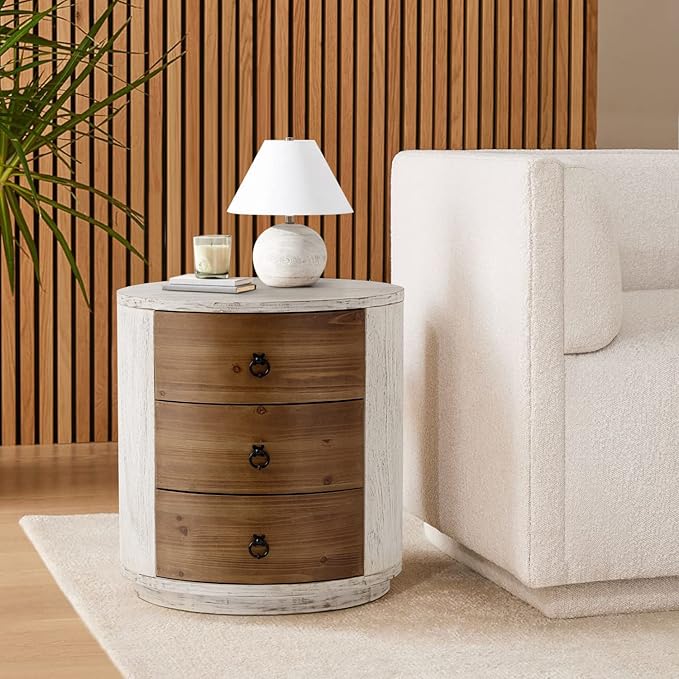 COSIEST 3 Drawer Chest of Drawers, 20 inch MDF Round Storage Cabinet, Retro Whitewash Finish Nightstand, Wood Bedside Table with Drawers for Bedroom Living Room