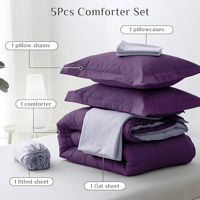 JOLLYVOGUE Twin Comforter Set, Ultra-Soft Bed in a Bag Twin Size 5 Pieces, Oeko-TEX Certified Bedding Set with Down Alternative Comforter, Sheets, Pillowcases & Shams, Purple & Lavender