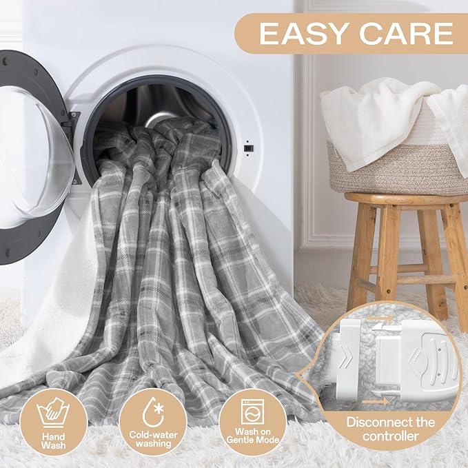 Heated Blanket Electric Throw, 50X60 Heating Throw with 8 Heating Levels & 8 Time Settings, Grey Plaid Washable Warm Soft Flannel Blanket Gift for Couch Bed Office, ETL Certified