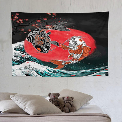Houselerax Koi Fish Tapestries,Japanese Style Yin Yang Big Wave Cherry Blossoms Tapestry Wall Hanging for Bedroom Living Room Office Decor 60"x40"