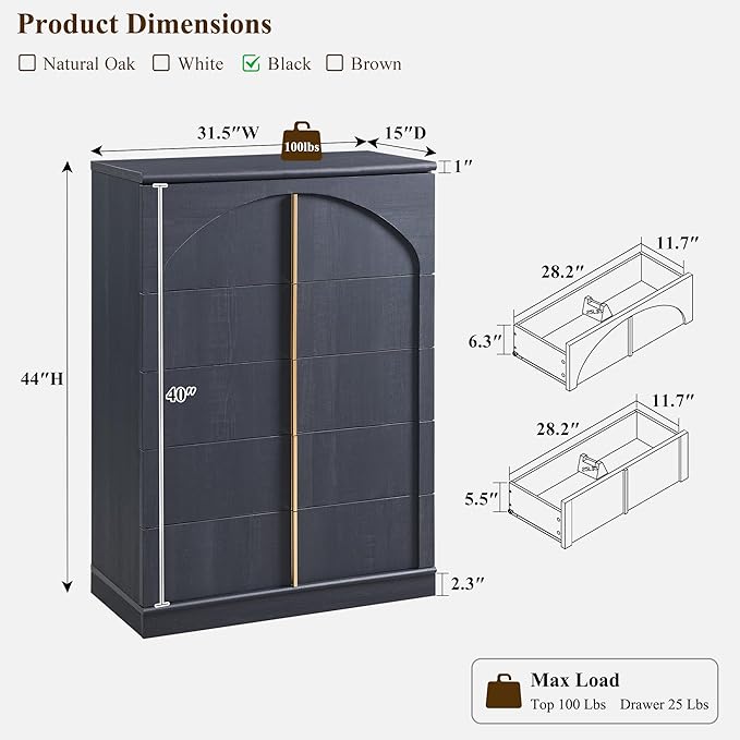ACCOHOHO Modern 5 Drawer Dresser for Bedroom with Arched Panel,44" Tall Dresser for Closet with Metal Handles,Push-to-Open Wood Storage Closet Dressers Tv Stand for Living Room, Hallway,Black