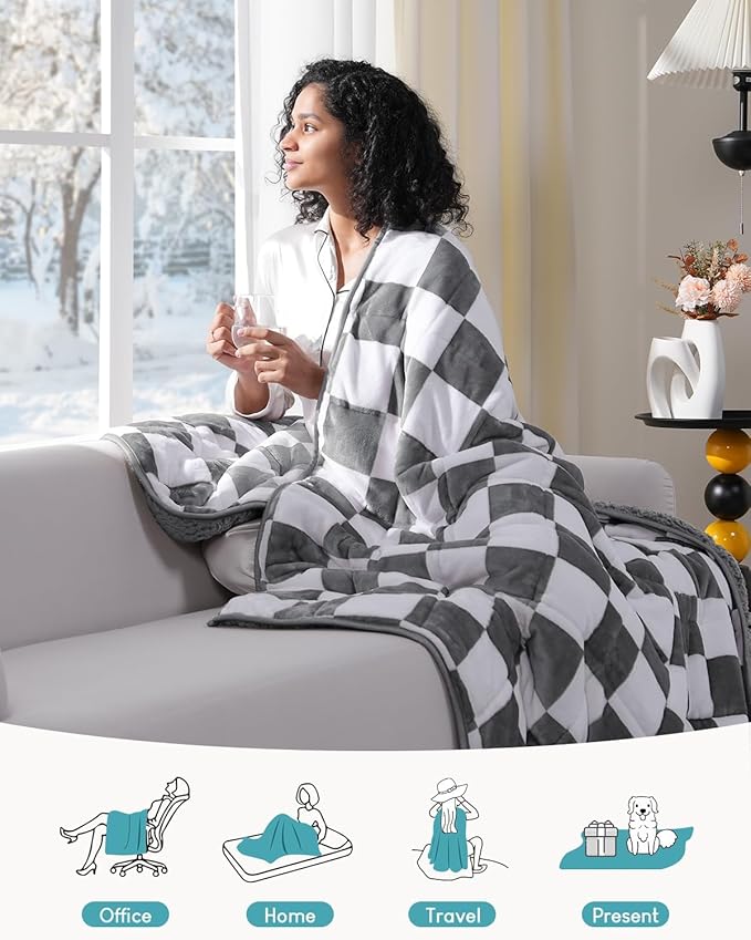 Cottonblue Checkerboard Weighted Blanket for Adults Queen Size 20 lbs 60" x 80", Fluffy Sherpa Flannel Heavy Weighted Throw Blankets for Bed Couch Sofa, Ultra Soft Cozy Bed Blanket, Plaid Grey