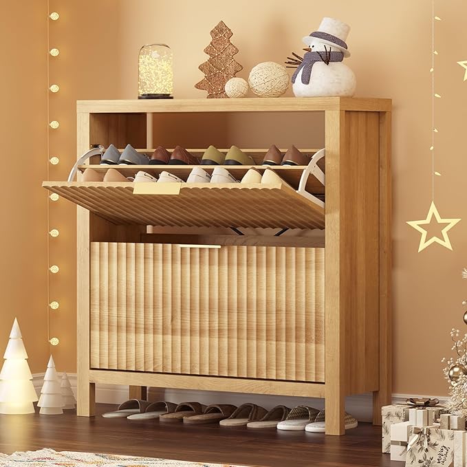 Shoe Cabinet Storage for Entryway, Fluted Shoe Cabinet with 2 Flip Drawers, Hidden Shoe Rack Tall Freestanding Shoe Organizer with Legs for Hallway, Wood