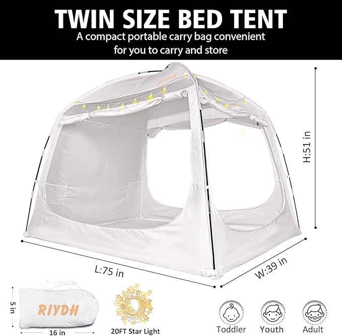 Bed Tent Bed Canopy Breathable 100% for Adult and Kids- Original Design Light Reduction 93% Sleeping Dream Tents Indoor Portable Big Space with String Light 3 Doors Twin Full Queen King Size