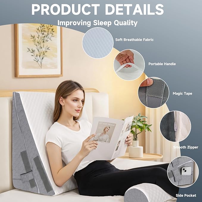 Bed Wedge Pillow for Sleeping, 3 Pcs Adjustable Height 4.5&7.5&12 Inch Triangle Pillow Wedge for Post Surgery, Acid Reflux, Snoring, Legs Pain Relief (Dark Gray)