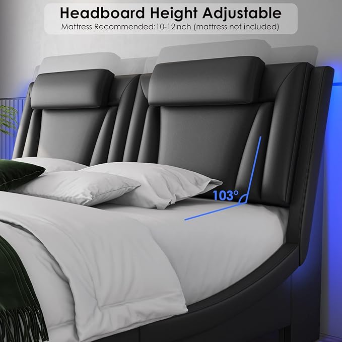 Keyluv Modern Upholstered Bed Frame with Adjustable LED Headboard, Pu Leather Platform Bed with Wave-Like Curve Design and Solid Wooden Slats Support, No Box Spring Needed, Noise Free, King, Black
