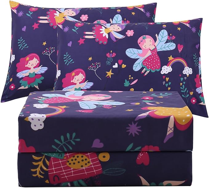JSD Purple Fairy Kids Sheet Set Full Size, 4 Piece Girls Floral Printed Microfiber Sheets Deep Pocket