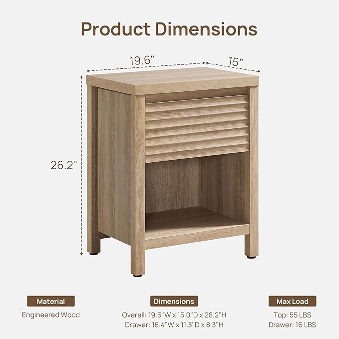 SICOTAS Fluted Nightstands Set of 2-19.6" Wide Wooden Night Stand with Drawer and Storage Shelf, Modern Bedside Table with Thick Top, Boho End Bed Side Tables for Bedroom, Light Oak
