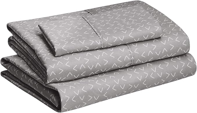 Amazon Basics Lightweight Super Soft Easy Care Wrinkle Free Microfiber 3 Piece Bed Sheet Set with 14-Inch Deep Pockets, Twin, Gray Arrows, Printed, Kids, Men & Women Bedding