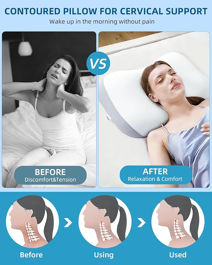 Sleep Pillow Ergonomic Contour Design Cooling Memory Foam Pillows for Neck Support, Side & Back Sleepers Gray