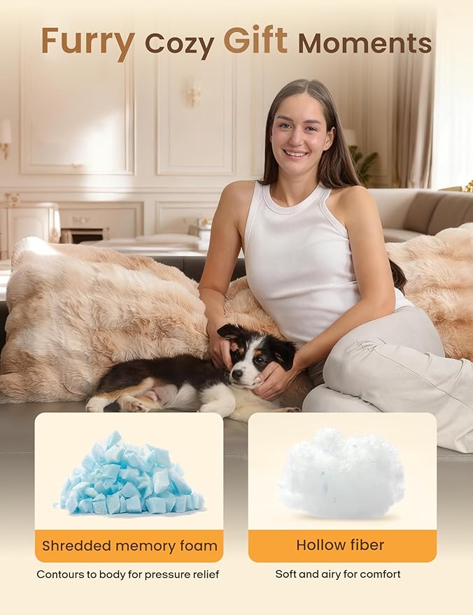 ZonLi Bubble Plush Body Pillow,Fluffy Faux Rabbit Fur Body Pillow for Adults,Long Pillow for Sleeping with Removable Pillowcase and Zipper Closure,Adjustable Filling Memory Foam（Light tan）