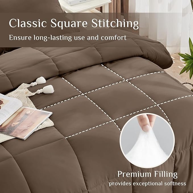 JOLLYVOGUE King Comforter Set, Ultra-Soft Bed in a Bag King Size 7 Pieces, Oeko-TEX Certified Bedding Set with Down Alternative Comforter, Sheets, Pillowcases & Shams, Brown