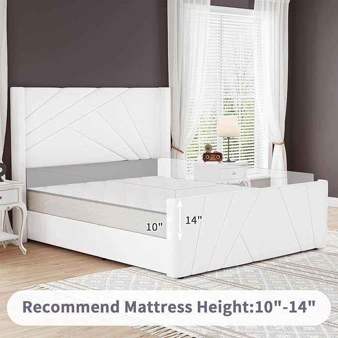 BarnFurin Full Size Bed Frame, Velvet Upholstered Platform Bed with Geometric Tufted Headboard & Footboard, Wingback Design, Mattress Foundation with Wooden Slats, Cream White