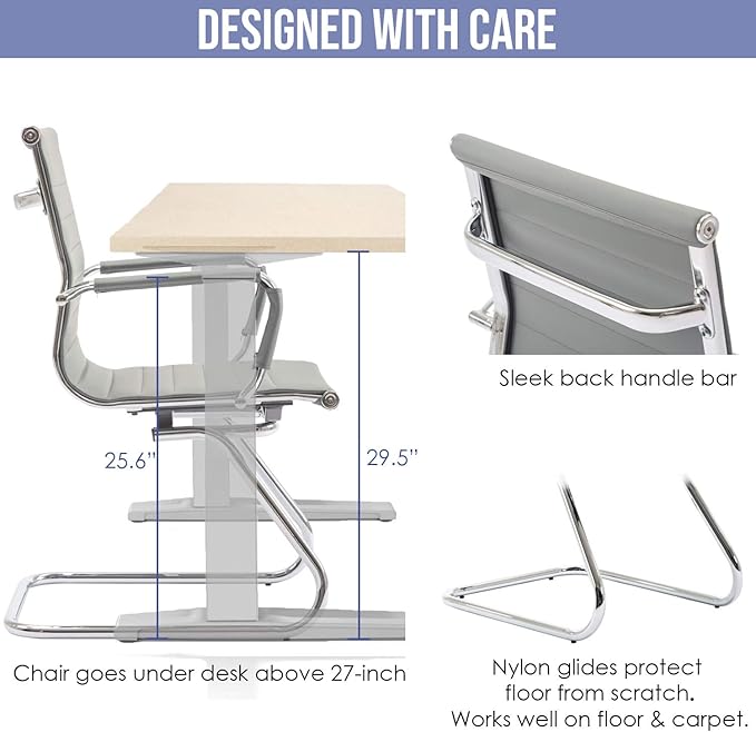 Wahson Office Guest Chairs Set of 2, Leather Reception Chairs, Mid Back Waiting Room Chair, Conference Chairs with Sled Base, Desk Chair No Wheels for Meeting/Lobby/Restroom, Grey