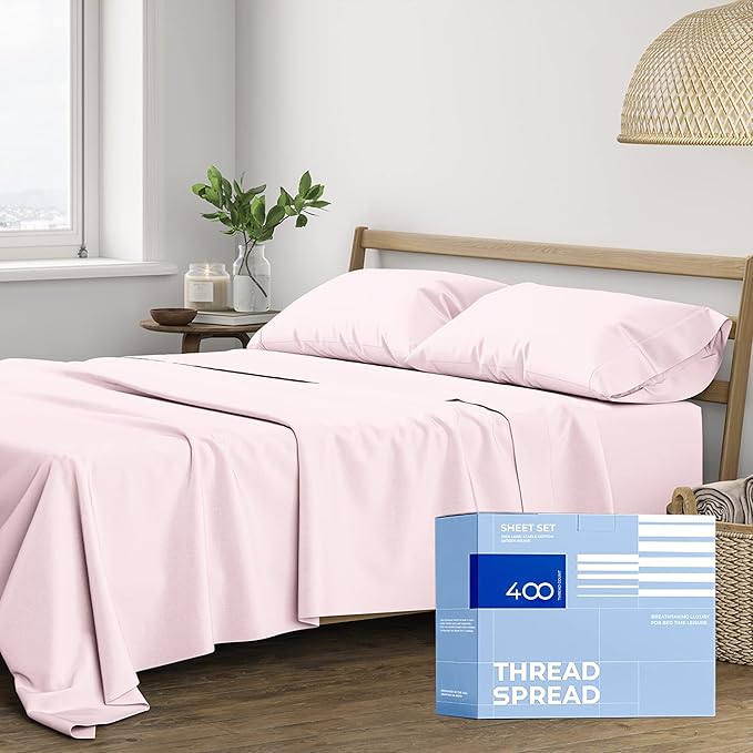 THREAD SPREAD 100% Cotton Sheets Full Size Set - 400 Thread Count 4 PC Full Size Sheet Sets Cotton, (Blush), Ultra Soft, Breathable, Cooling, Sateen Weave 16" Deep Pocket Bedsheet for Hot Sleepers
