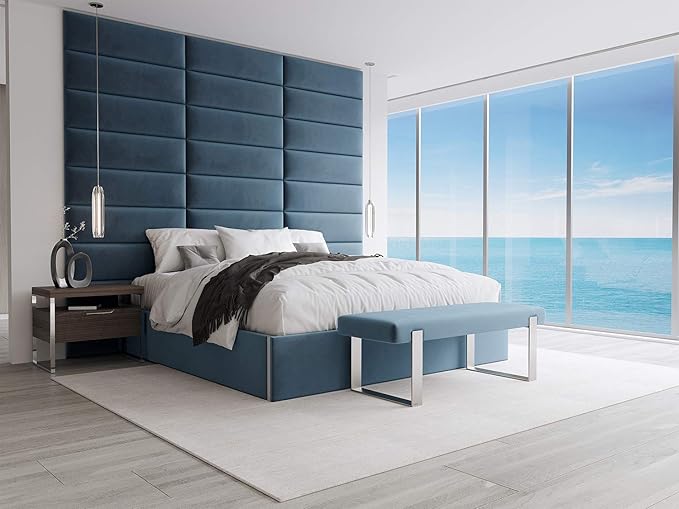 VANT Upholstered Bed Bench - Velvet Peacock Blue- Brushed Nickel - Contemporary Modern, Bedroom Bench Seat, Hallway, or Entryway
