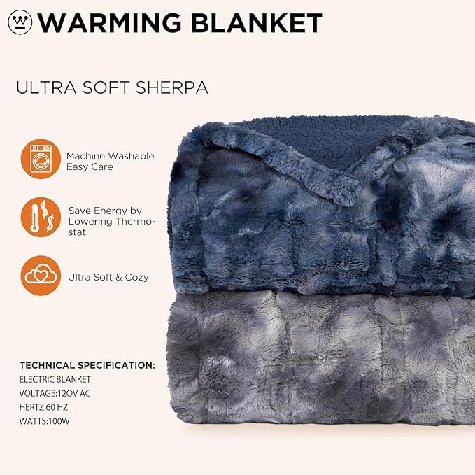 Westinghouse Electric Blanket Full, Faux Fur Heated Blanket with 10 Heating Levels & 1-12 Hours Auto Off, Soft Cozy Sherpa Heated Blanket Washable Blanket (80" x 84" Full Size, Grey)