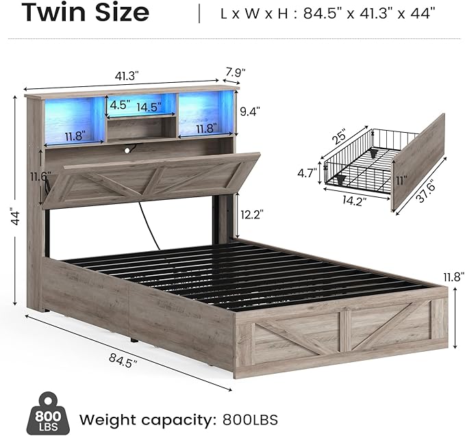 AOGLLATI Twin Bed Frame with 4 Storage Drawers and Charging Station, Farmhouse Wooden Led Twin Bed with Storage Hidden Space Headboard and Metal Slats, Gray
