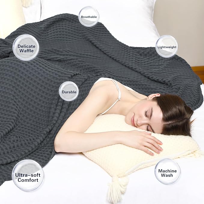 Aganear Waffle Blanket - Lightweight Breathable Summer Blanket of 50% Cotton and 50% Rayon Derived from Bamboo for Hot Sleepers Luxury Throws for Bed, Couch and Sofa,Dark Grey,66x90 Inches