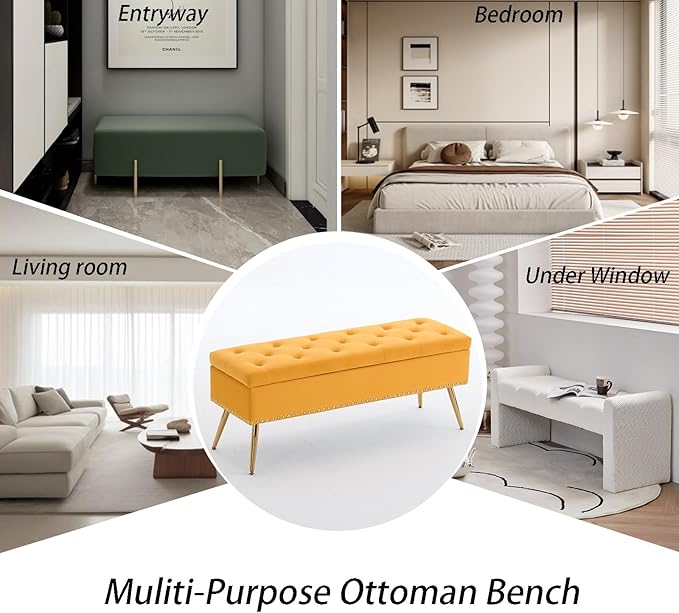 Velvet Storage Bench with Gold Legs& Nailhead Trim, 46" Wide Upholstered Modern Bedroom Bench for End of Bed, Tufted Ottoman for Entryway Living Room Dining Room (Mustard Yellow, 46" Wide)