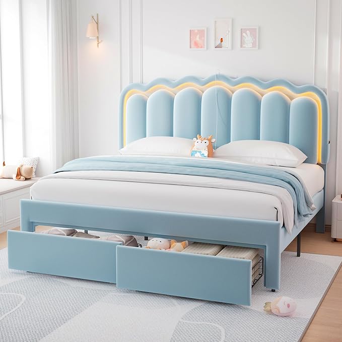 Velvet Upholstered King LED Bed Frame with 2 Storage Drawers and Adjustable Chic Double Wavy Headboard, Princess Platform Bed with Charing Station, Solid Wood Slats Support,No Box Spring Needed,Blue
