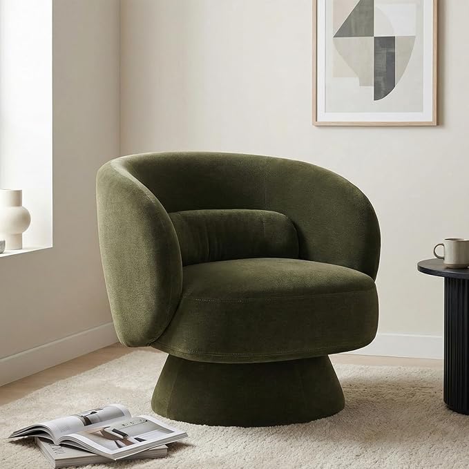 Swivel Accent Chair, Modern 360 Degree Swivel Barrel Chair with Arms & Curved Back and Lumbar Support Cushion, Comfy Round Single Sofa for Small Space, Living Room, Bedroom, Olive Rayon