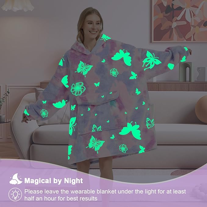Glow in The Dark Butterfly Wearable Blanket Hoodie for Adult,Oversized Sherpa Fleece Blanket Hoodie for Women,Butterfly