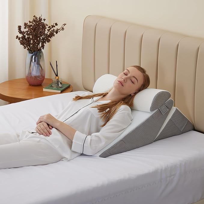 Bedluxe Wedge Pillow Headboard, 3PCS Orthopedic Bed Wedge Pillows Set for After Surgery, Adjustable Pillow Wedge for Acid Reflux&Back Pain Relief, Sleeping, Back Pillow for Bed Sitting Up, White/Grey