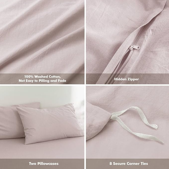 FOSSA Duvet Cover Set 100% Washed Cotton Linen Feel Super Soft Breathable Cozy 3 Pieces Bedding Sets Solid Greyish Pink Super King