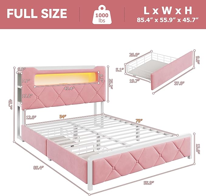 Full Upholstered LED Bed Frame with 2 Storage Drawers and 2-Tier Storage Headboard, Velvet Princess Platform Bed with Charging Station & Bookcase, Heavy Duty Metal Support, No Box Spring Needed, Pink