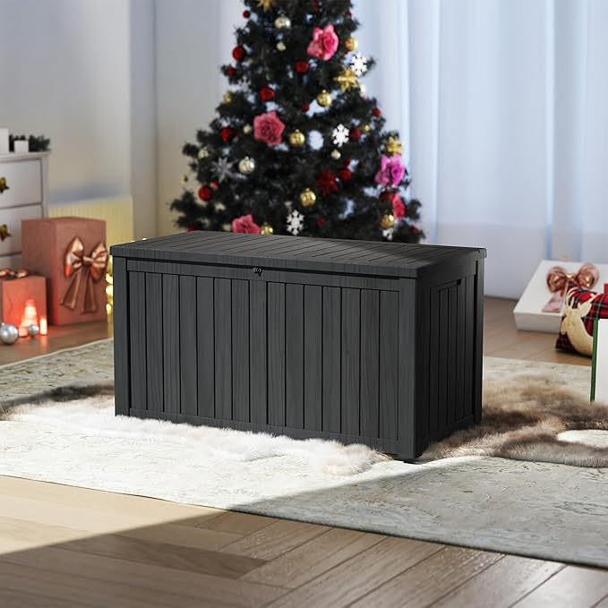 180 Gallon Outdoor Storage Box Waterproof, Resin Deck Boxes with Lockable Lid & UV-Resistant for Patio, Pool, Garden Furniture Cushions & Accessories, Black