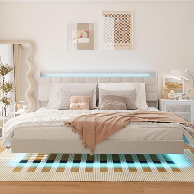 Floating King Size Bed Frame with RGB LED Lights & Charging Station, Upholstered Platform Bed with Hidden Storage Headboard & Shelves, Noise Free Heavy Duty Frame for Bedroom, Beige