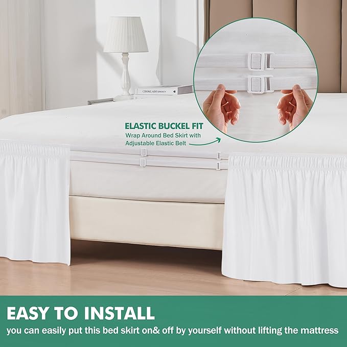 Biscaynebay Wrap Around Bed Skirts with Split Corners for Full Beds 14" Drop, White Elastic Dust Ruffles Adjustable Easy Fit Wrinkle & Fade Resistant Silky Luxurious Fabric Machine Washable