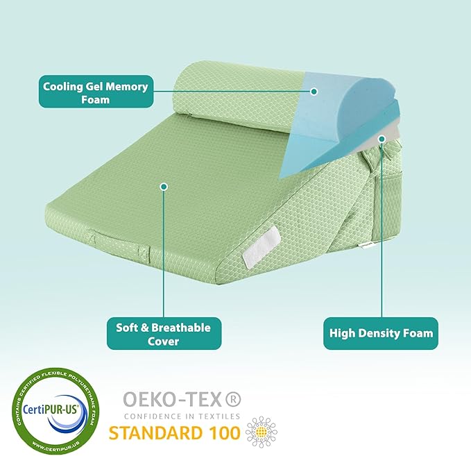 Bedluxe 3Pcs Orthopedic Bed Wedge Pillow Set, Foam Wedge Pillow Post Surgery for Back, Leg and Knee Support, Adjustable 9&12 Inch Folding Triangle Pillow for Sleeping, Acid Reflux, Snoring, Green
