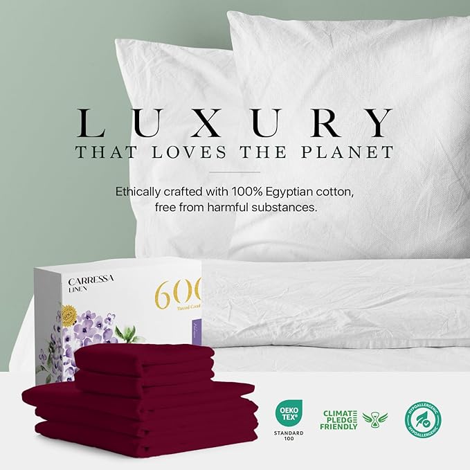Carressa Linen Split King Sheets Sets for Adjustable Bed - 100% Egyptian Cotton 600 Thread Count 5 PC Top Split King Sheet Set (Burgundy), 16" Deep Pocket Silky Soft Cooling Luxury Hotel Sheets