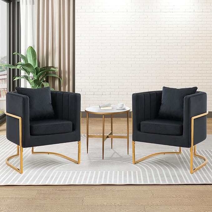 Velvet Modern Accent Chair, Upholstered Barrel Armchair Mid Century with Pillow for Living Room, Comfy Single Vanity Chair with Metal Gold Legs for Bedroom, Black