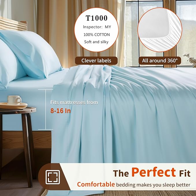 LBRO2M 1000 Thread Count 100% Egyptian Cotton Sheets Set Twin, 3 Piece Sets Bed Sheet Deep Pocket Sheet Set 16" Soft Comfortable All Season (Twin, Light Blue)