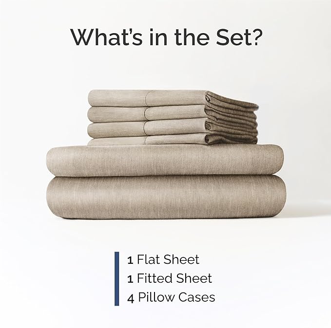 King 6 Piece Sheet Set - Cooling & Breathable - Hotel Luxury Bedding, Includes Fitted Sheet for Women, Men, Kids & Teens - 1 Flat, 1 Fitted Sheet, 4 Pillowcases w/Deep Pockets - Heathered Beige