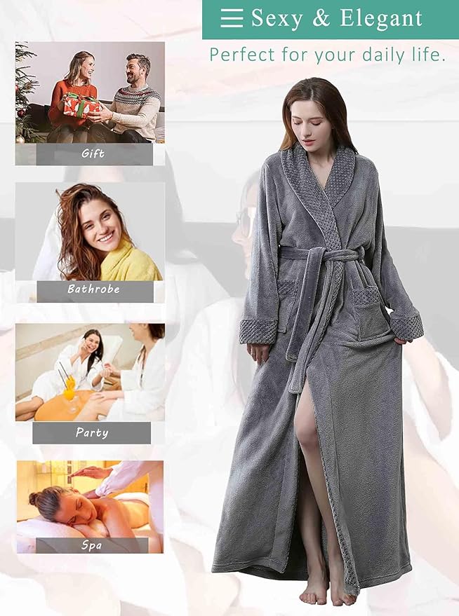 Artfasion Womens Long Fleece Robe - Warm Soft Floor Length Flannel Bathrobes for Winter Thicker Long House Coat with Pockets