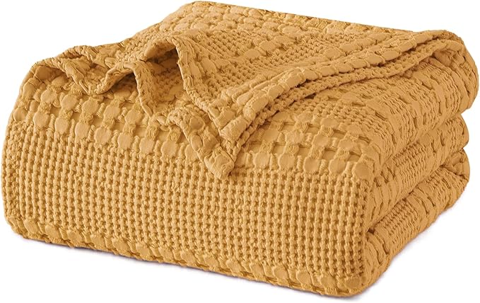 PHF 100% Cotton Waffle Weave Blanket Queen Size for Bed, Soft Lightweight & Breathable, All-Season Comfort, Luxury Aesthetic Woven Bedding for Home Decor, 90"x90", Pumpkin Orange