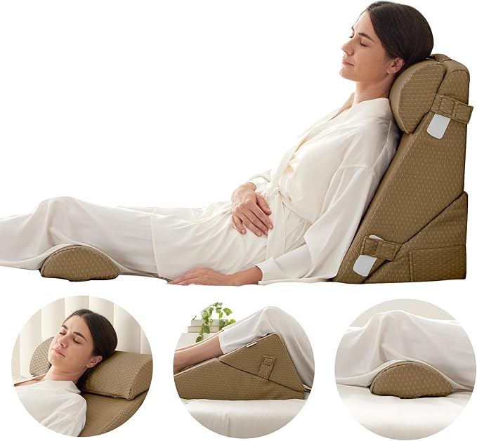 Bedluxe Adjustable 4pcs Bed Wedge Pillow Set, Memory Foam Wedges Pillow Post Surgery for Back, Neck, Leg Pain Relief, Pillows Wedge for Sleeping, Sitting up in Bed, Acid Reflux and GERD, Brown