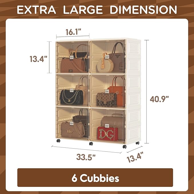 6 Cubbies Handbag Storage Organizer for Closet, Purse Organizer Cabinet with Magnetic Doors & Wheels, Foldable One-Piece Transparent Storage Box for Bags, Boots, Clothes, Toys, Books
