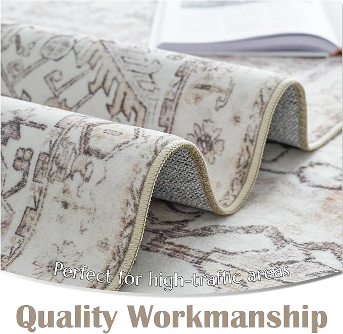 jinchan Lima Hallway Runner Rug 3x10 Washable - Vintage Floral Non Slip Low-Pile Soft Ultra-Thin Faux Wool Kitchen Rug Distressed Carpet Runner for Farmhouse Bedroom Laundry (3x10ft, Taupe)