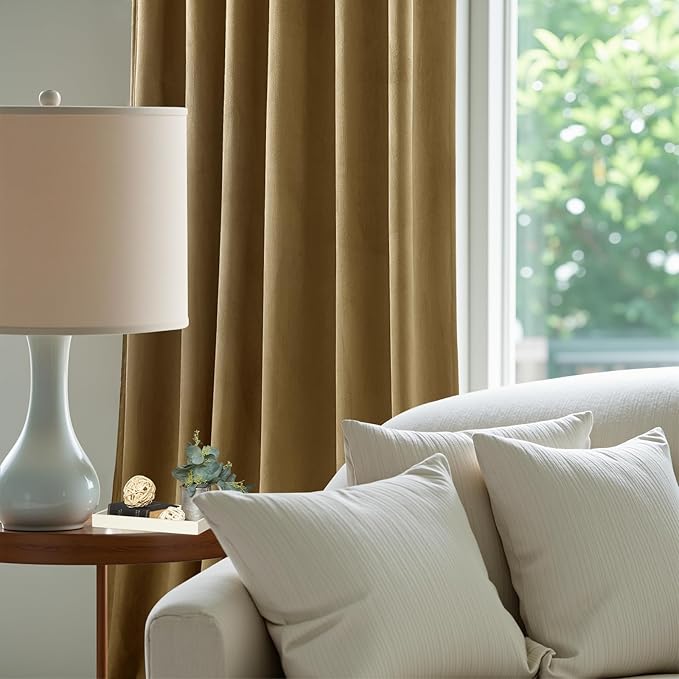 AUSSPVOCT Velvet Curtains 90 Inches Long 2 Panels for Bedroom, Thermal Insulated Room Darkening Luxury Soft Blackout Curtain Back Tab Rod Pocket Window Drapes for Living Room, W52 x L90, Goldbrown