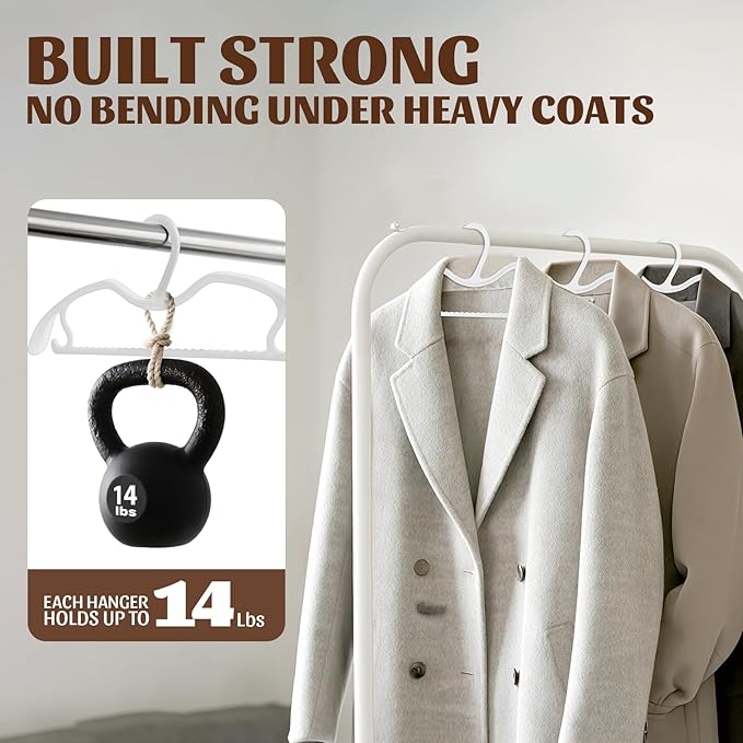 24 Pack Upgraded Short Neck Vertical Space Saver Hangers Heavy Duty Wide Shoulder Clothes Hangers Built-in Dual Hooks Wave Pattern Non-Slip Plastic Hangers for Coats Suits Dresses Pants - White